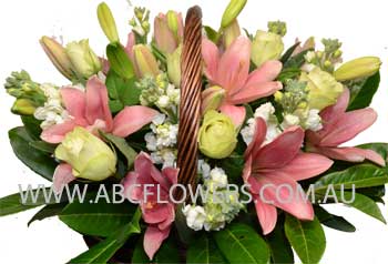 BA005 Perry - Soft Colored basket of Pink Lilies, Creamy Roses, and White Flowers melbourne wide delivery