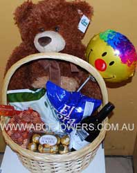 ABC Flowers st. vincent's hospital fitzroy melbourne deliver h005 food basket with chocolate wine and teddy bear melbourne wide free delivery melbourne inner suburbs