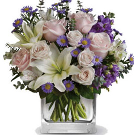 ABC Flowers Fitzroy Melbourne Deliver V021 Watercolour Wishes - Flower Vase Arrangement with Pink Roses, White Lilies, and Purple Flowers Melbourne Wide Delivery