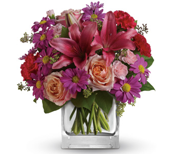 ABC Flowers st. vincent's hospital melbourne fitzroy deliver V022 Enchanted Garden - Flower Vase Arrangement with Orange Roses, Pink Lilies, and Purple Flowers melbourne wide free delivery melbourne inner suburbs 7 days a week 